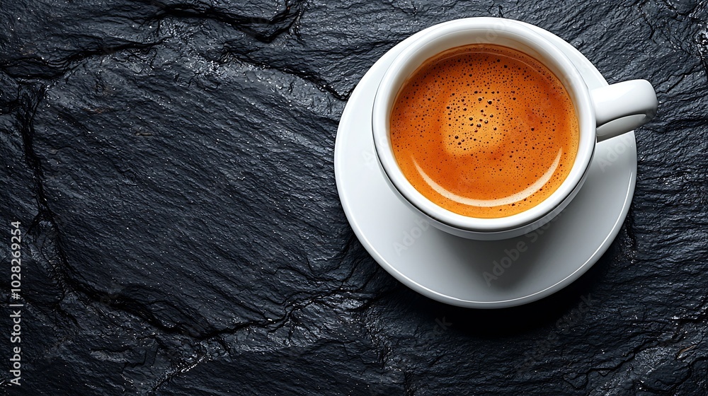 Poster coffee espresso in white cup on black slate background top view : generative ai