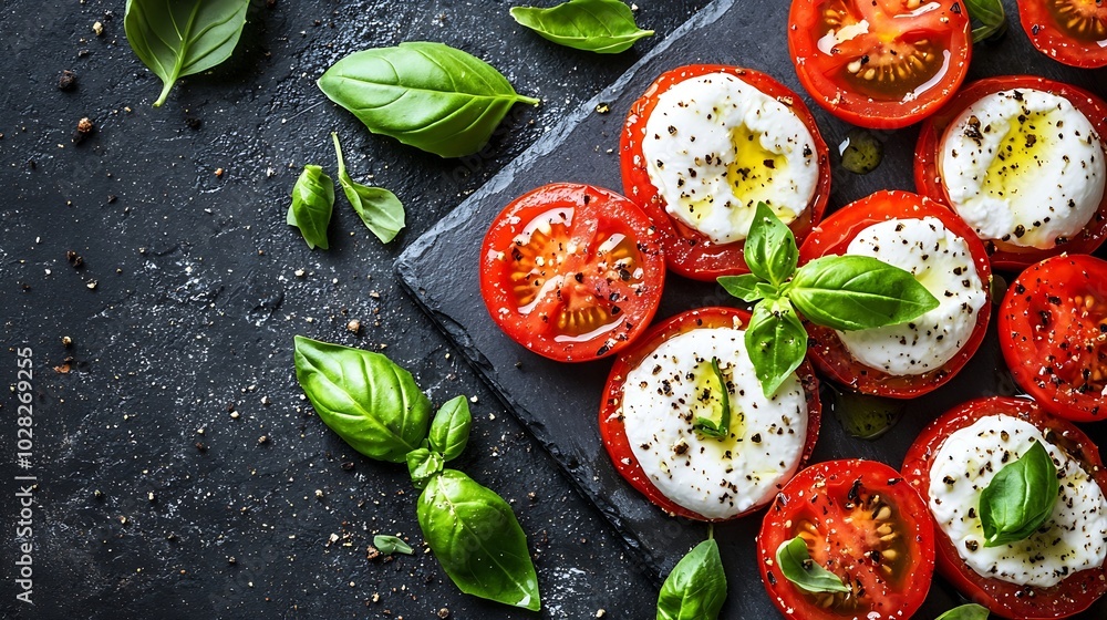 Poster caprese salad with tomatoes mozzarella burrata cheese and basil grey background top view : generativ