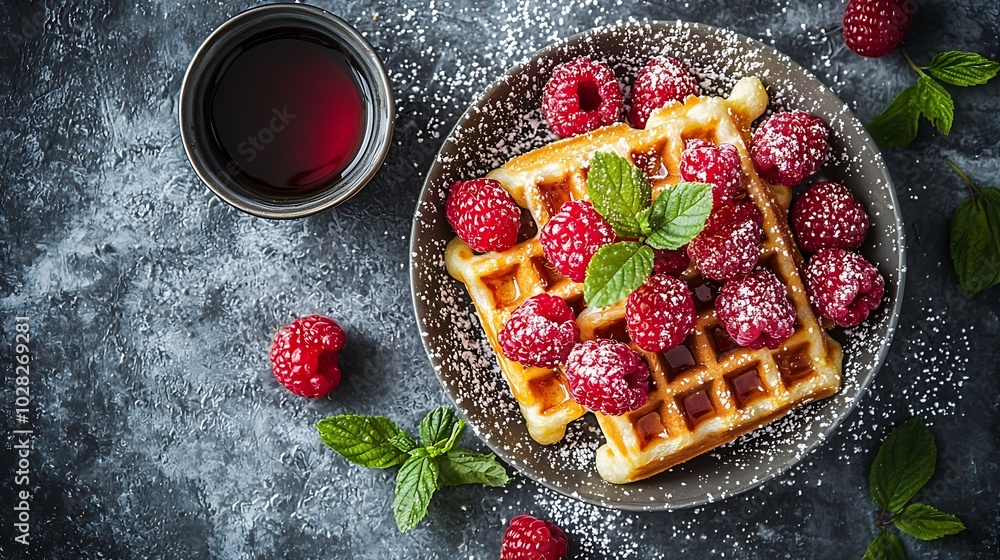 Poster Breakfast Belgian waffles with maple syrup and fresh raspberry Grey background : Generative AI