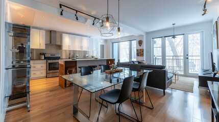 Modern dining area with a glass-topped table, high-back black chairs, and an industrial light fixture, set against white walls and hardwood floors.