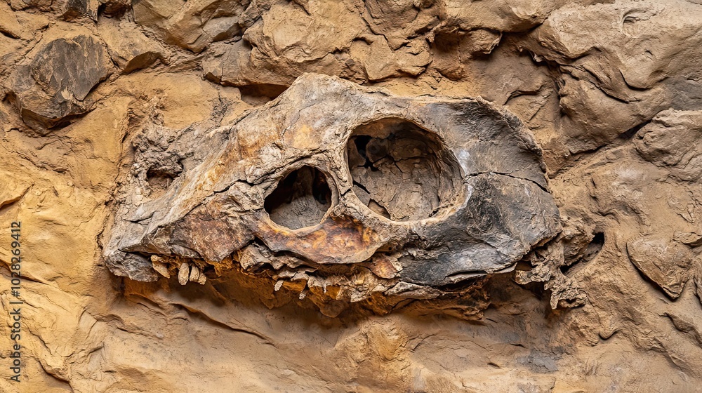 Poster fossilized dinosaur skull embedded in rock