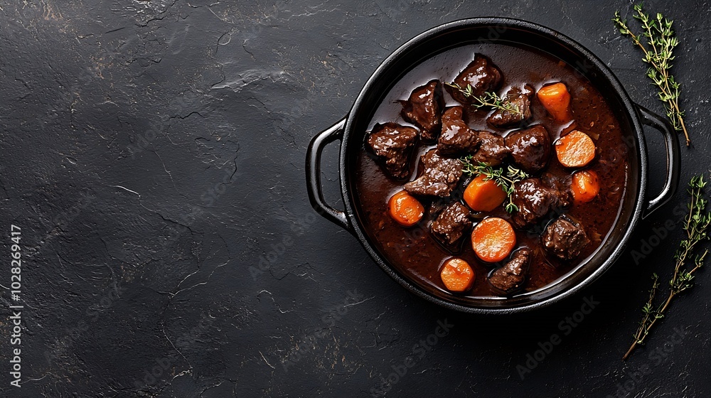 Aufkleber Beef bourguignon stew with vegetables Grey background Copy space Top view : Generative AI