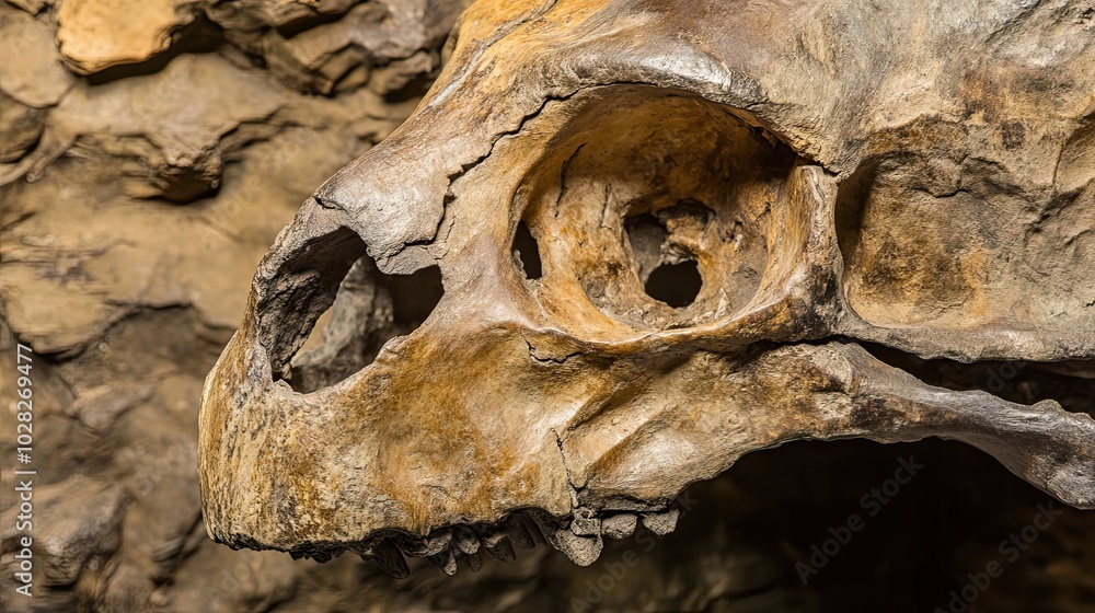 Poster close-up of a fossilized skull with a large eye socket.