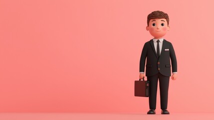 cartoon businessman in a suit holding a briefcase, standing against a pink background.