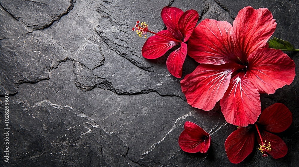 Poster hibiscus flower tea scattered on grey stone background copy space top view : generative ai