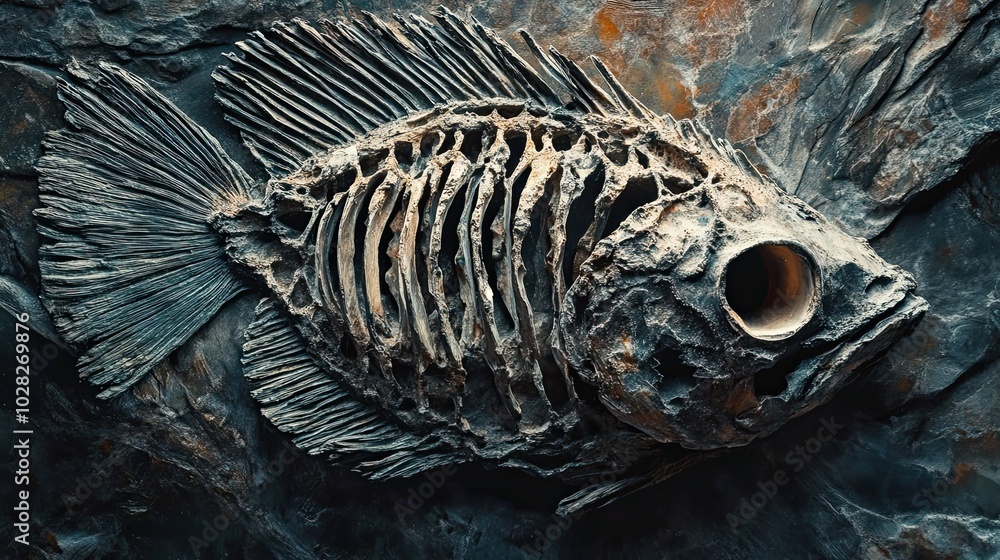 Poster fossilized fish skeleton embedded in stone
