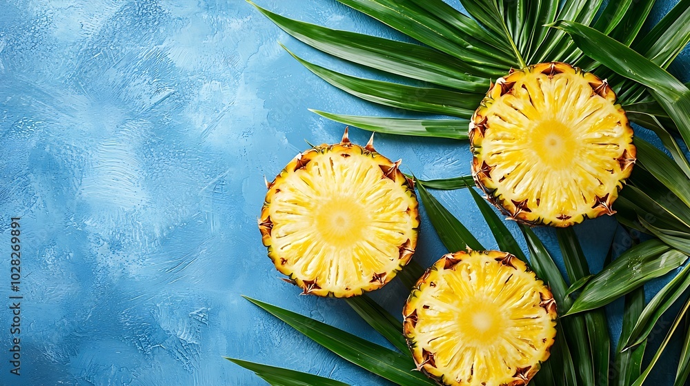 Aufkleber fresh pineapple slices with palm leaf on blue background top view copy space : generative ai