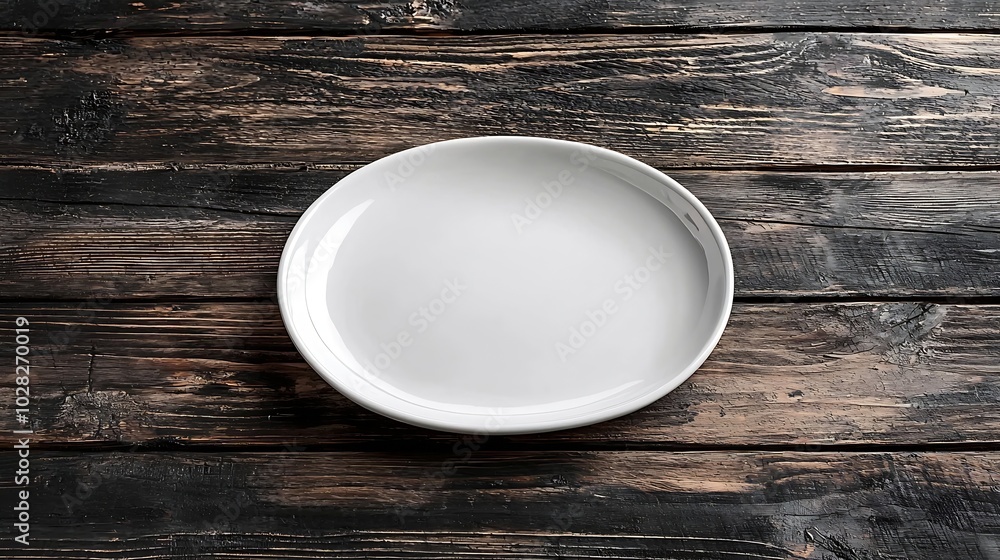 Poster White plate platter on wooden background Copy space Top view : Generative AI
