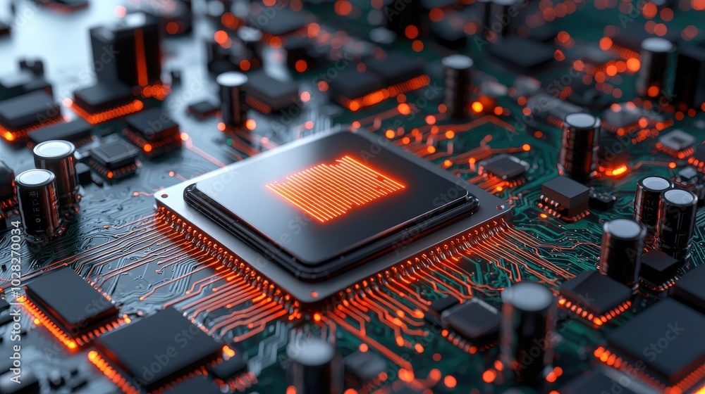 Poster futuristic processor chip on circuit board with glowing lines