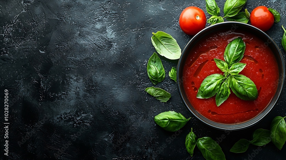 Poster tomato soup with basil in a bowl dark grey background : generative ai