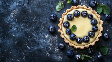 Blueberry tart pie tartlet with vanilla custard Blue stone background Top view : Generative AI