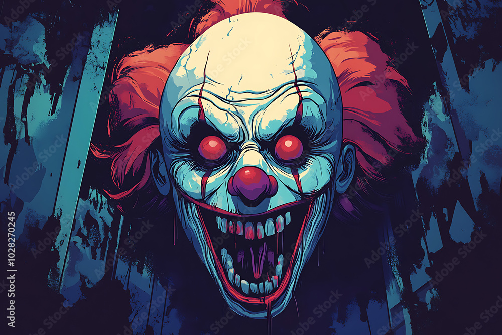 Poster a sinister clown face with exaggerated features and a menacing grin, set against a dark background.