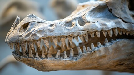 Naklejka premium Close-up of a Fossilized Dinosaur Jaw with Sharp Teeth