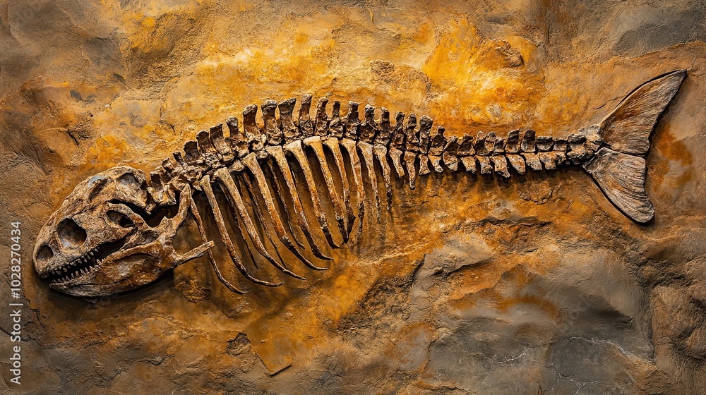 Poster fossilized fish skeleton embedded in stone