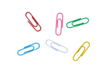 Multicolored paper clips on white background with clipping path. Office paper clip.