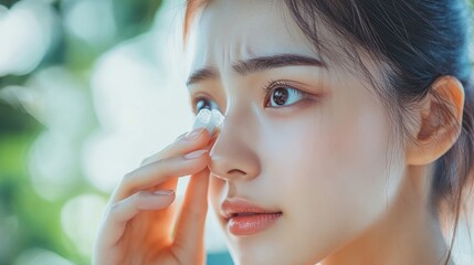 Close up of a young woman's face as she inserts a contact lens.