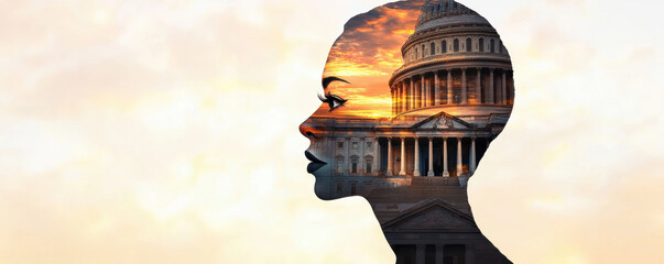 Silhouette of a woman with an architectural skyline and sunset in the background