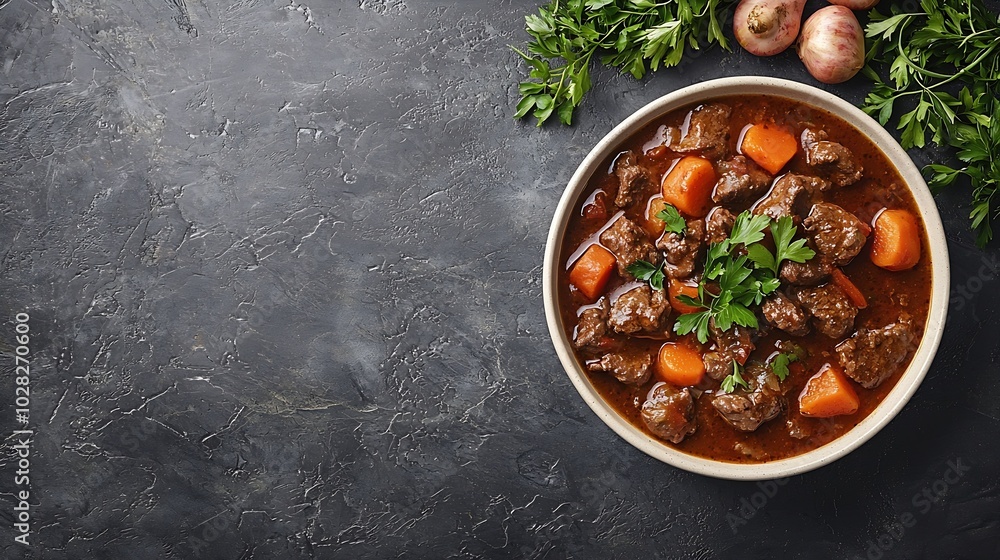 Poster beef bourguignon stew with vegetables grey background copy space top view : generative ai