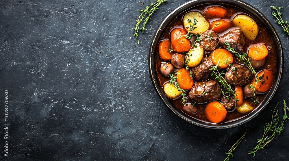 Aufkleber beef bourguignon stew with vegetables grey background copy space : generative ai