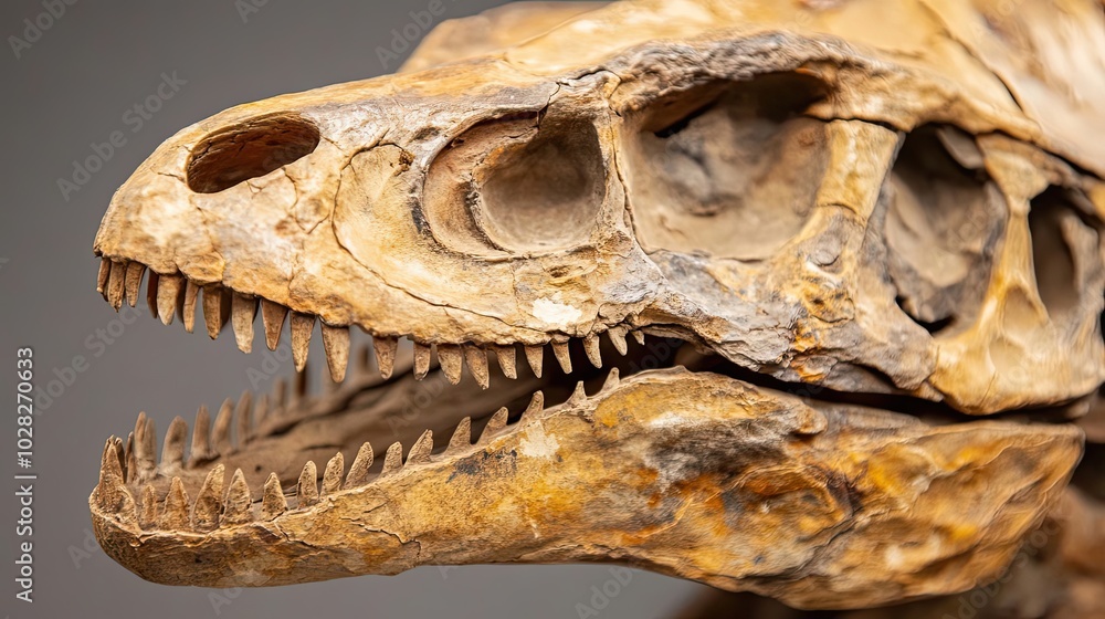 Poster close-up of a fossilized dinosaur skull with sharp teeth