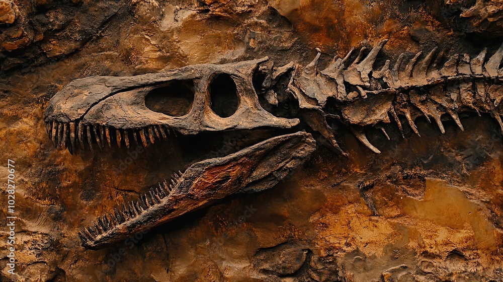 Poster fossilized dinosaur skull and jawbone embedded in sedimentary rock