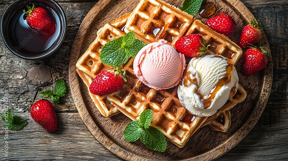 Poster fresh whole wheat waffles with ice cream maple syrup and coffee on a wooden background : generative 