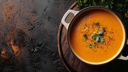 Pumpkin cream soup in white pot saucepan bowl Grey background Close up : Generative AI