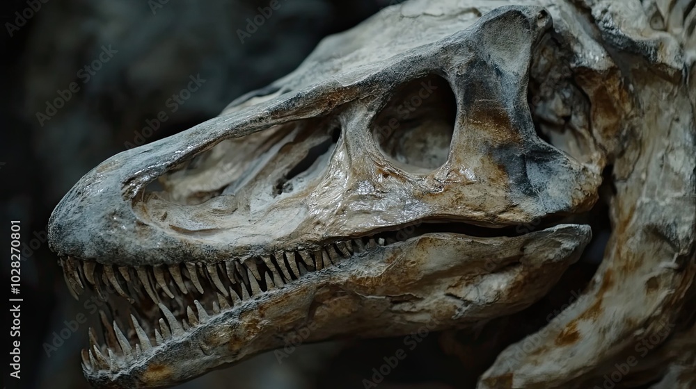 Poster close-up of a fossilized dinosaur skull with sharp teeth