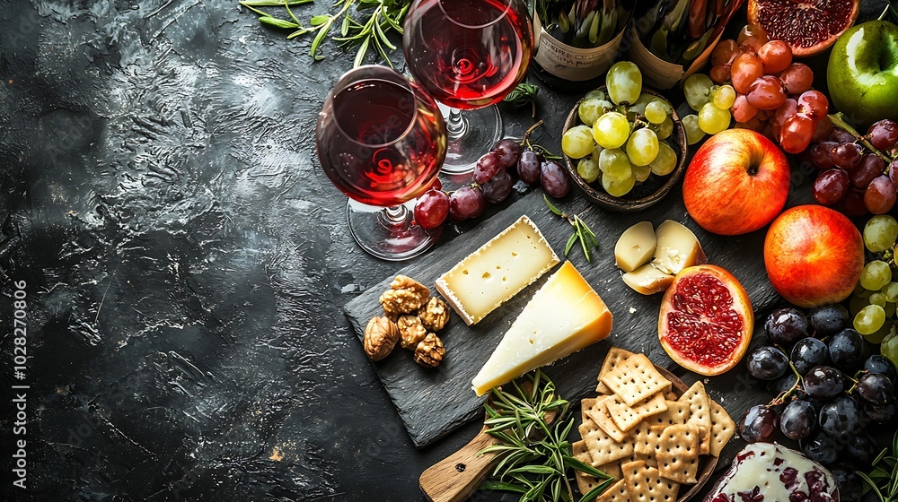 Poster Cheese assortment on slate cutting board with wine Grey background Top view Copy space : Generative AI