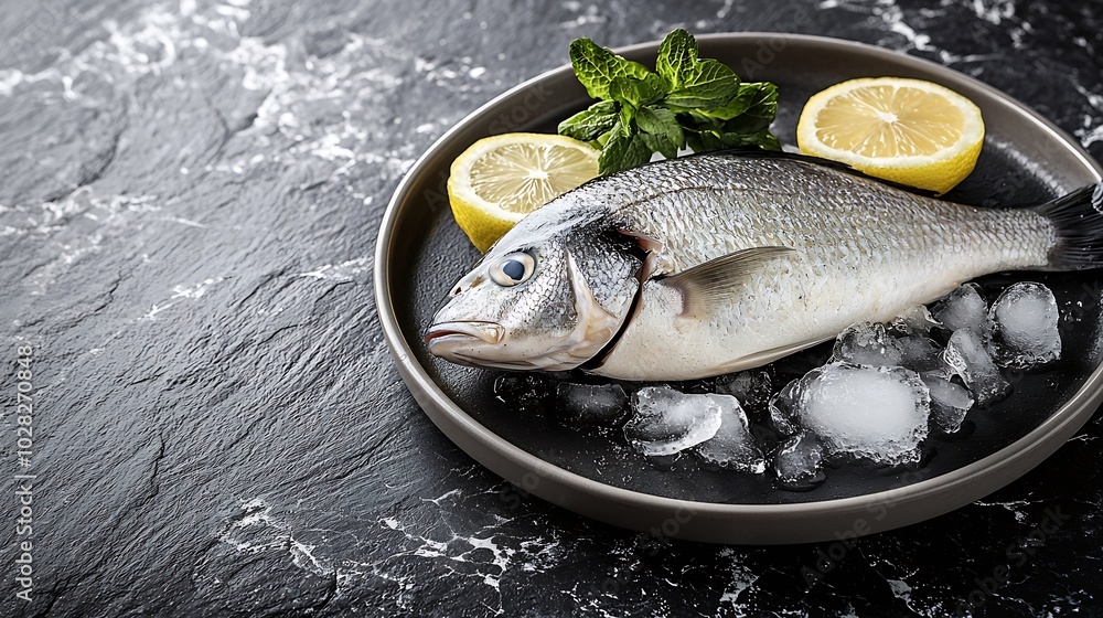Poster dorado raw fish on a plate with ice and lemon black slate background top view : generative ai
