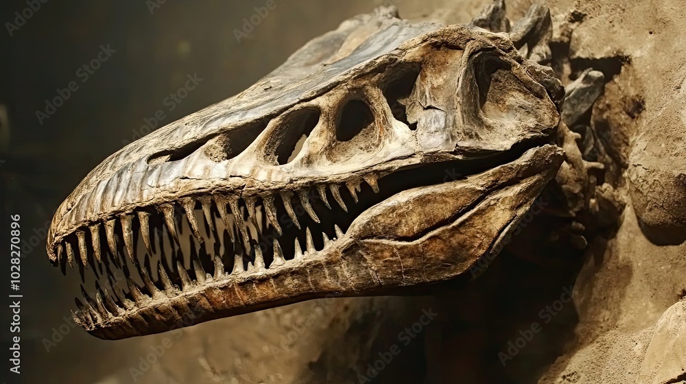 Poster close-up of a fossilized dinosaur skull with sharp teeth