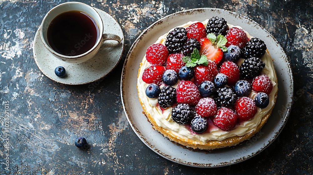 Aufkleber cheesecake dessert with fresh berries and cup of coffee gray background copy space top view : genera