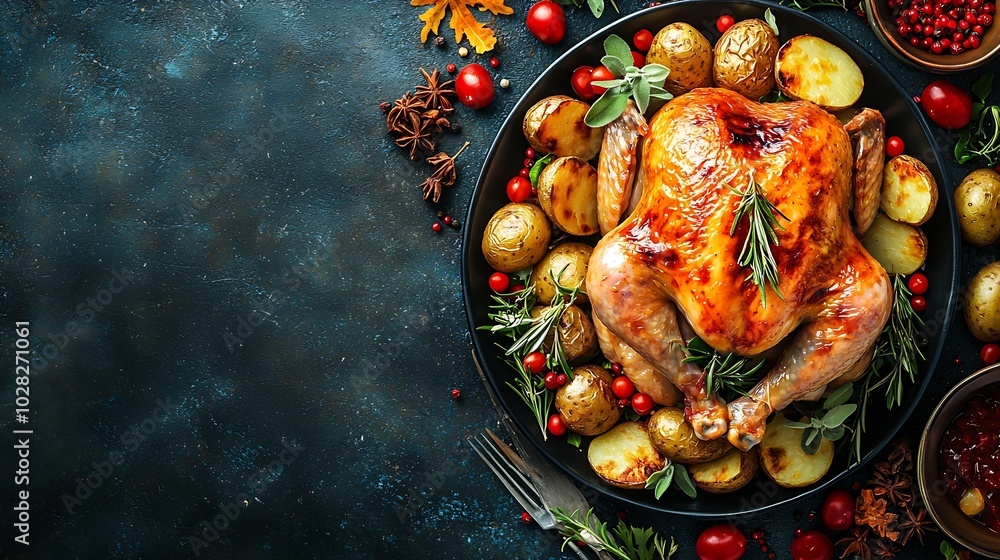 Poster roasted chicken with potatoes on dark plate grey background close up top view : generative ai