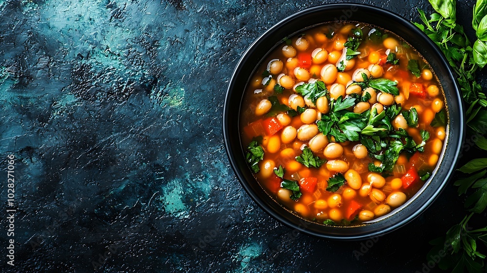 Poster bean soup in a black bowl dark background close up top view : generative ai
