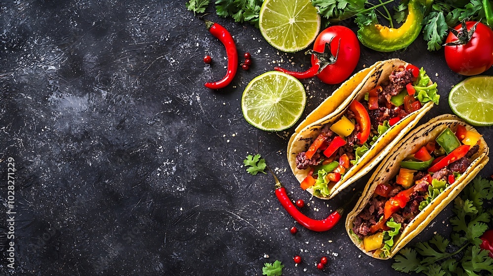 Aufkleber taco with meat and vegetables grey background top view : generative ai