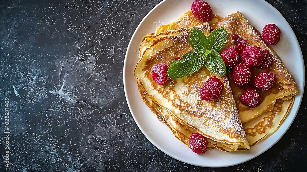 Poster Thin crepes with raspberry in white plate Marble background Top view : Generative AI