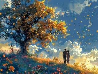 Couple in Love Under a Golden Sky - Romantic Landscape Painting