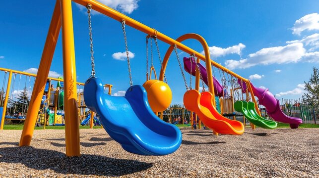 Colorful Playground Swings Under Bright Blue Sky