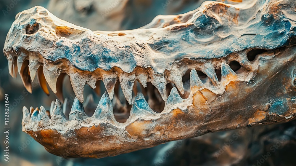 Poster close-up of a fossilized dinosaur skull with sharp teeth