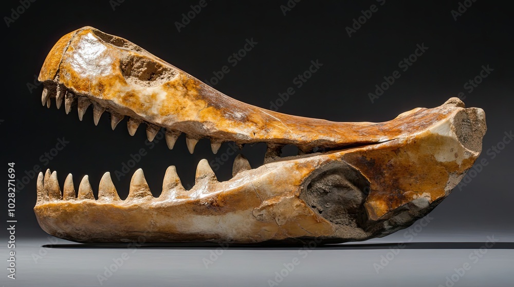 Poster fossilized skull of an extinct marine reptile with open jaw