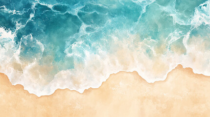 Watercolor beach top view with sea foam and waves