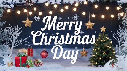 A banner with text merry christmas day in gift box, christmas tree, decoration background