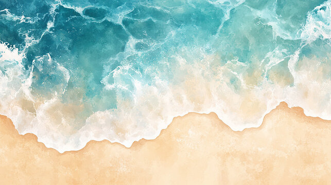 Watercolor beach top view with sea foam and waves
