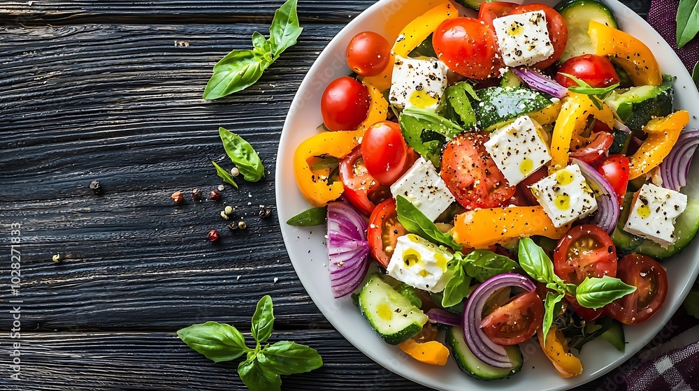 Poster grilled vegetables salad with feta cheese in white plate on wooden background top view : generative 