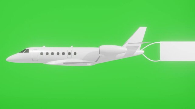 3D airplane flies with blank space banner on green screen background, side view, chroma key, isolated background