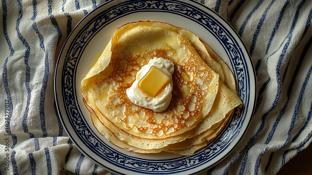Poster thin crepes or pancakes with butter honey and sour cream on a striped textile navy blue and white ba