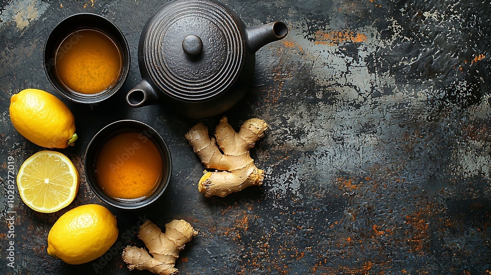 Aufkleber ginger and lemon tea in black cups tea pot grey dark background copy space top view : generative ai