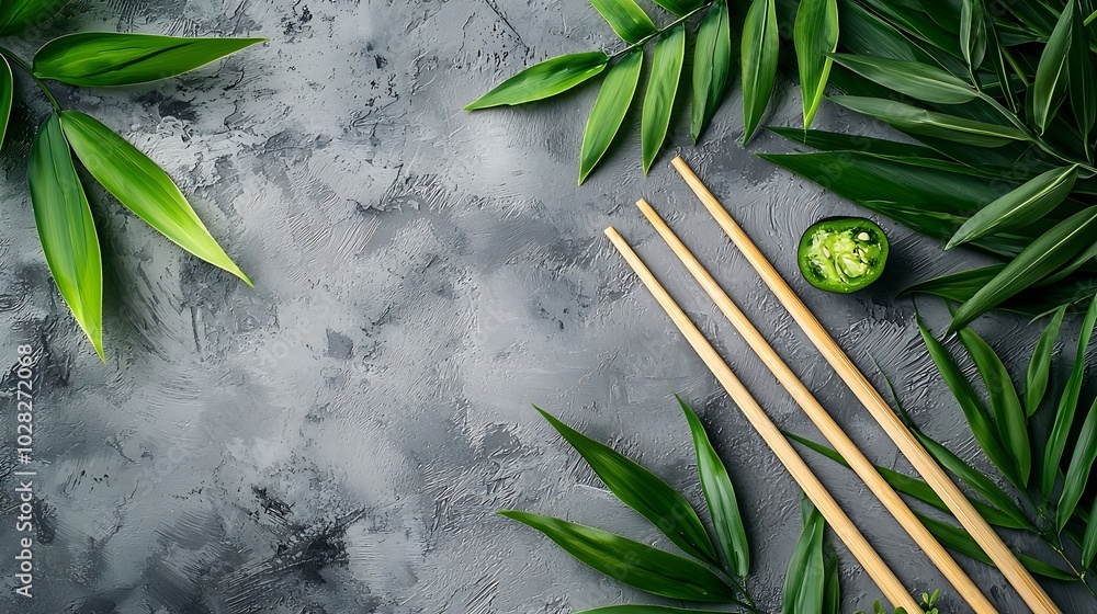 Poster bamboo mat with chopsticks grey background copy space top view : generative ai