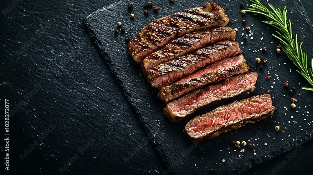 Aufkleber Grilled sliced beef steak on slate stone table Top view Copy space : Generative AI