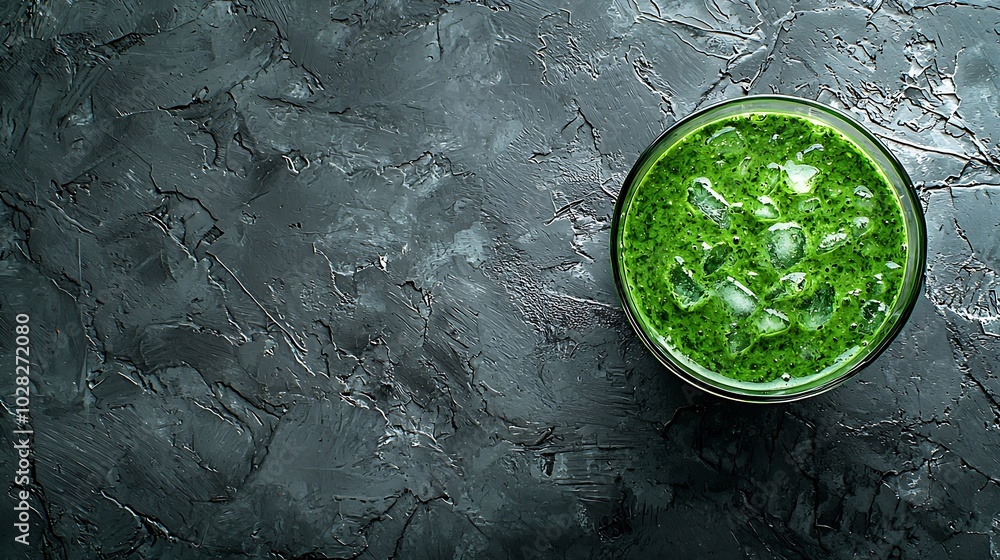 Poster spinach smoothie healthy drink in glass jar on grey stone background top view copy space : generativ